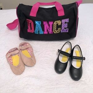 Capezio size 13 girls dance tap and ballet shoes and bag